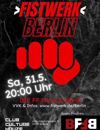 Plakat für die Fistwerk Berlin Veranstaltung mit rotem Faustsymbol und Veranstaltungsdetails.