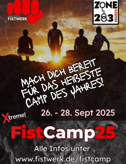 Plakat für FistCamp 25 mit Informationen zu Datum und Veranstaltungsteilnehmern.