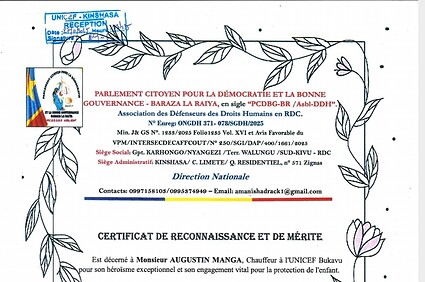 Bukavu : Un chauffeur de l’UNICEF honoré par le PCDBG-BR pour un acte héroïque