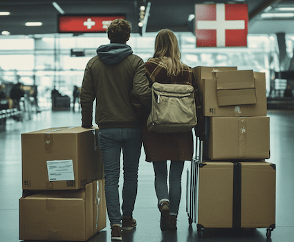 Schweiz nach Dubai auswandern - 2 Schweizer stehen mit gepackten Koffern am Flughafen um nach Dubai auszuwandern