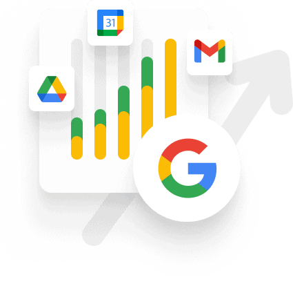 Laptop mit Google Workspace-Tools wie Gmail, Drive, Docs und Kalender – Symbol für Setup und Konfiguration in kleinen Unternehmen