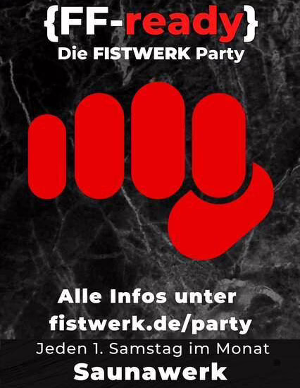 Schwarzer Flyer mit rotem Faustsymbol für die FISTWERK Party im Saunawerk in Frankfurt.
