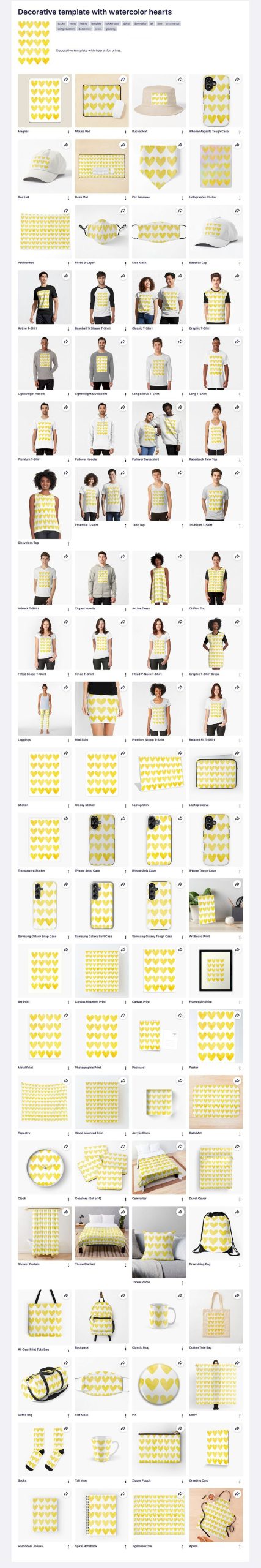 Yellow watercolor heart pattern on various products.