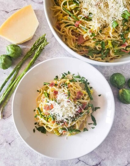 Asparagus & Brussel Sprout Carbonara with Bacon Higher Starr