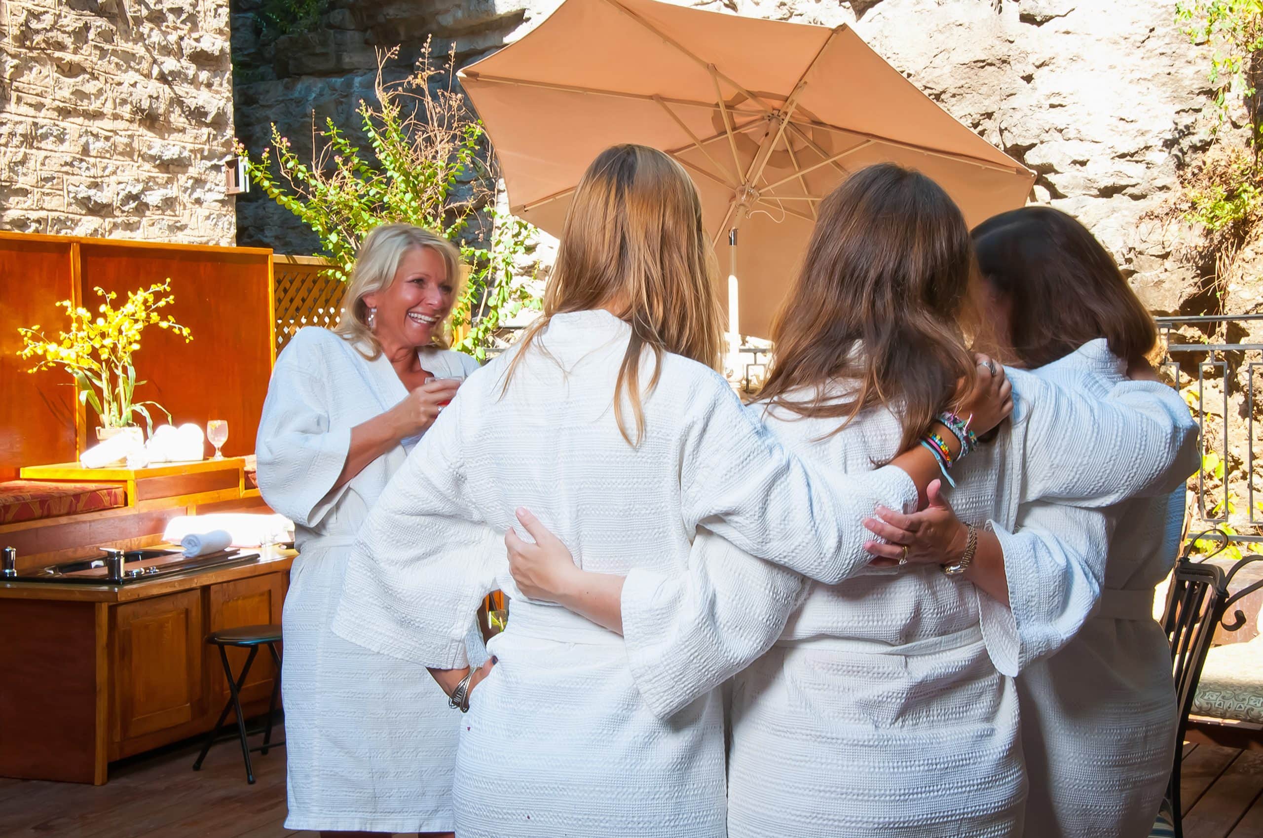 friends laughing, smiling, day spa