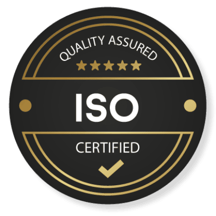 An ISO certification seal in black and gold, prominently displaying "ISO CERTIFIED" with the words "QUALITY ASSURED" and "CERTIFIED" around it.