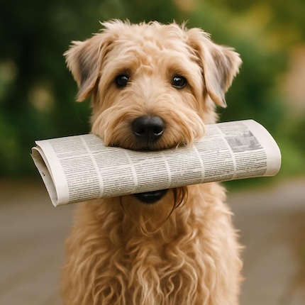 Hund mit Zeitung im Maul
