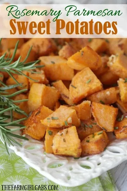 Rosemary Parmesan Sweet Potatoes are tossed in fresh rosemary and parmesan then roasted to perfection!