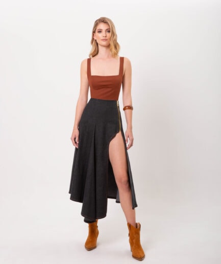 Denim Midi Skirt - Black