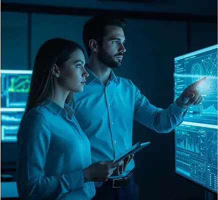 Two IT professionals analyzing cybersecurity data on a large touchscreen display in a dark control room