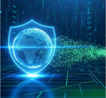 Digital shield icon overlaid on a glowing globe with binary code, representing global cybersecurity protection.