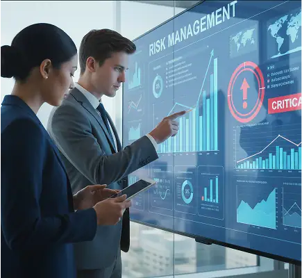 Business professionals reviewing risk management data on a large digital display with charts and graphs