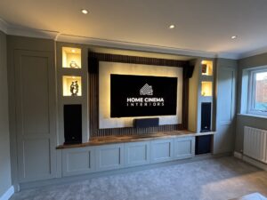 Media Wall Walnut Worktop Walnut Slats Storage Klipsch Speakers