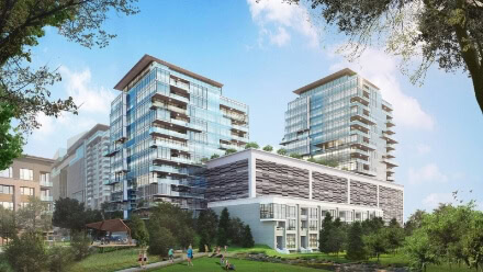 Exterior view of modern apartment and multifamily homes for lease in a Raleigh wellness community