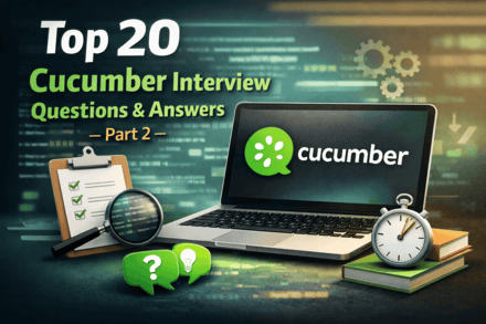 Top 20 Cucumber Interview Questions and Answers – Part 2 with laptop, checklist, and coding icons
