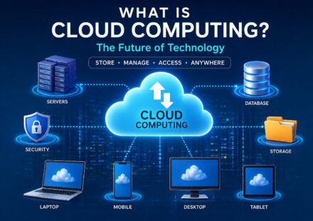 Illustration showing cloud computing with connected devices, cloud servers, databases, storage, and networking icons representing modern cloud technology.