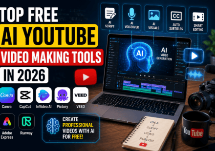Free AI YouTube video making tools 2026 with AI video editor, laptop workspace, and content creation technology.