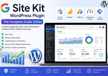 "Google Site Kit WordPress dashboard showing Search Console, Analytics, AdSense, and PageSpeed Insights integration for SEO and website performance."