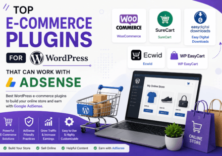 Top WordPress e-commerce plugins including WooCommerce, SureCart, Easy Digital Downloads, Ecwid and WP EasyCart that can work with AdSense