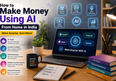 How to Make Money Using AI From Home in India, featuring a modern home workspace with a laptop displaying AI tools and income opportunities.