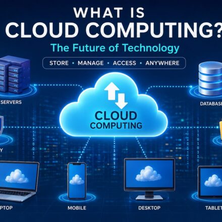 Illustration showing cloud computing with connected devices, cloud servers, databases, storage, and networking icons representing modern cloud technology.