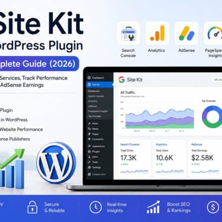 "Google Site Kit WordPress dashboard showing Search Console, Analytics, AdSense, and PageSpeed Insights integration for SEO and website performance."