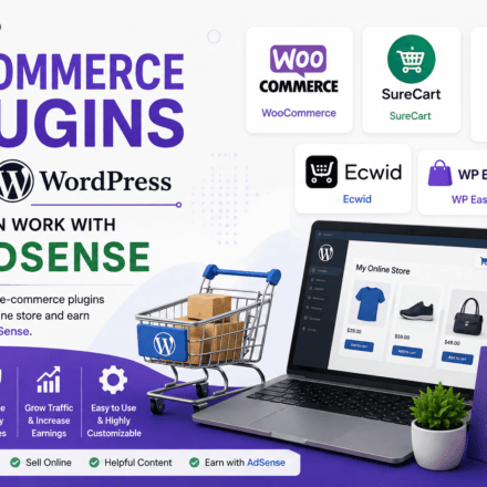 Top WordPress e-commerce plugins including WooCommerce, SureCart, Easy Digital Downloads, Ecwid and WP EasyCart that can work with AdSense