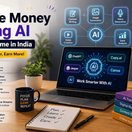 How to Make Money Using AI From Home in India, featuring a modern home workspace with a laptop displaying AI tools and income opportunities.