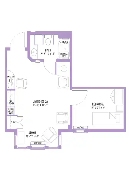 Apartment floor plan featuring a living room, bedroom, bath, and alcove, with measurements labeled for each room, designed for optimal space utilization.