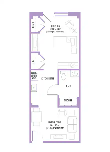 Floor plan of a compact one-bedroom apartment featuring a living room, kitchenette, bathroom with shower, and dimensions for each room, ideal for efficient space utilization.