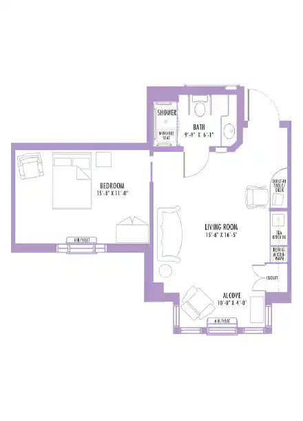 Floor plan of a one-bedroom apartment featuring a living room, bedroom, alcove, bath, and shower. The bedroom measures 15'8" x 11'0", the living room is 15'6" x 16'5", and the alcove is 10'0" x 4'0". The layout includes labeled areas for furniture placement and amenities.