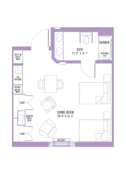 Floor plan layout of a one-bedroom apartment featuring a living room, bathroom with shower and bath, kitchen area, and built-in furniture such as desks and closets. Measurements included for key areas.