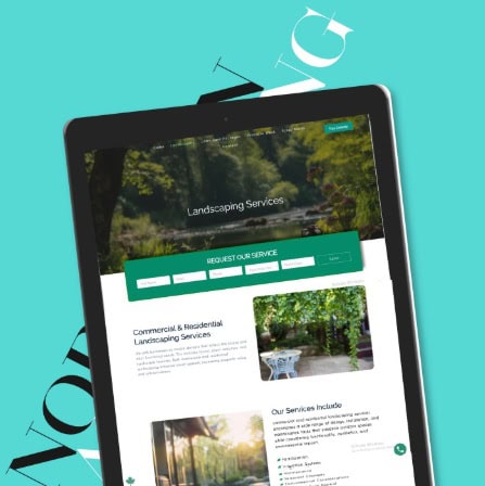 a tablet on a light blue background, showing northern landscaping website designed by muiz website design