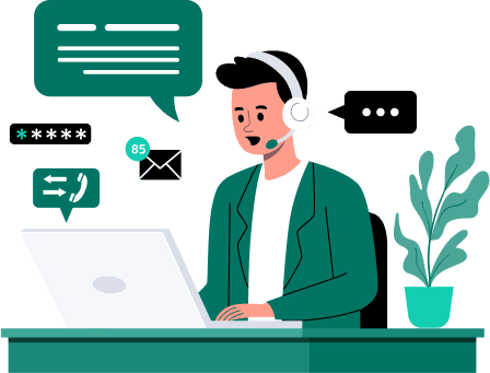 Customer service representative wearing headset, working on a computer, with communication icons.