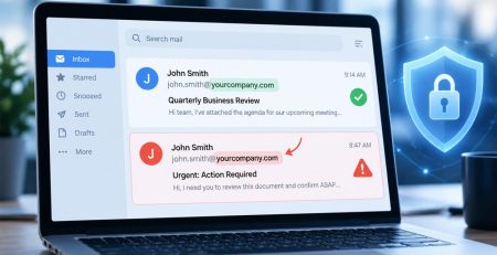 Example of email impersonation showing a legitimate company email compared to a suspicious lookalike email address.