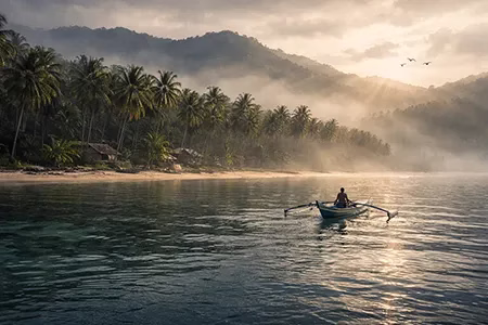 Misty morning arrival at Siquijor Island from sea with banca and forested hills
