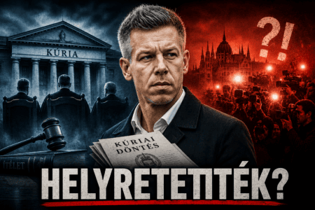 Magyar Péter feszült politikai és jogi környezetben áll, háttérben a Kúria épülete és médiavillanások.