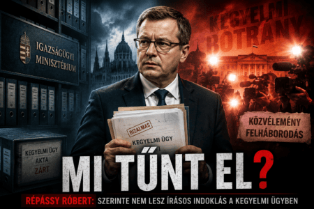 Politikai dokumentumokat tartó férfi áll feszült jogi és médiakörnyezetben.