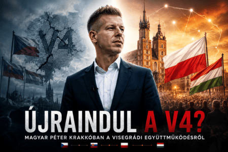 Magyar Péter Krakkó történelmi háttere előtt áll, miközben két eltérő hangulatú európai politikai világ jelenik meg körülötte.