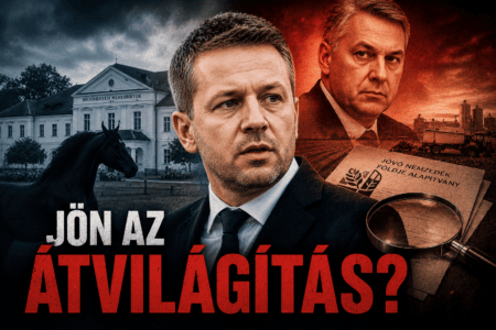 Politikai és agrárgazdasági háttér előtt álló férfi, mögötte földterületek és feszült vizsgálati atmoszféra.