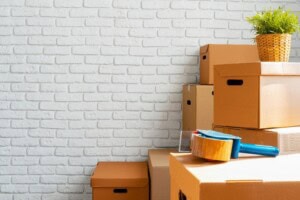 Close up of moving boxes in an empty room