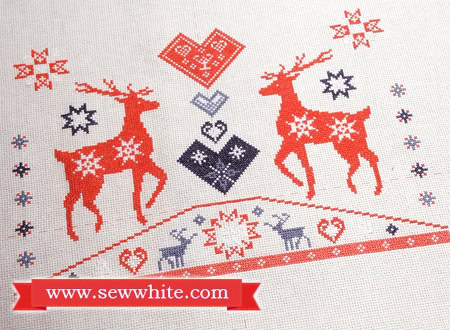 Sew White reindeer Christmas cross stitch pompom cushion 3