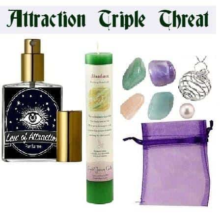 Attraction Triple Threat – Candle, Crystal Pouch & Perfume Oil, a set including a perfume bottle, scented candle, colorful crystals, a gemstone, and a purple fabric pouch.