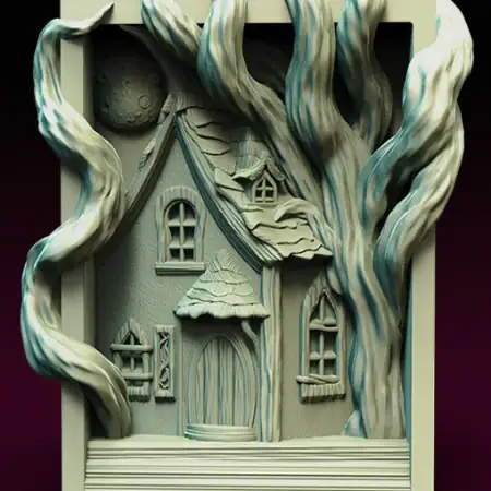 3D printed haunted house fantasy book nook featuring spooky architectural details for bookshelf display.