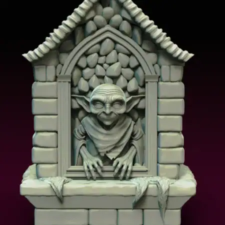 3D printed watchful goblin fantasy book nook featuring a goblin peering from a stone window in a detailed medieval-style bookshelf display.