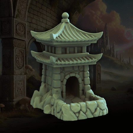 3D printed Pagoda fantasy dice tower shaped like a stone pagoda with tiered roofs and rocky base details.