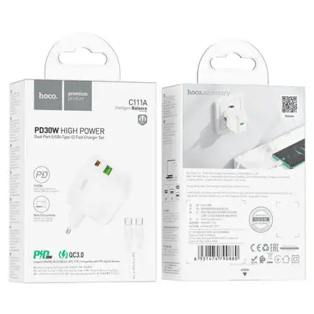 hoco-c111a-lucky-pd30w-qc3-dual-port-wall-charger-eu-set-tc-tc-packaging — HOCO Israel