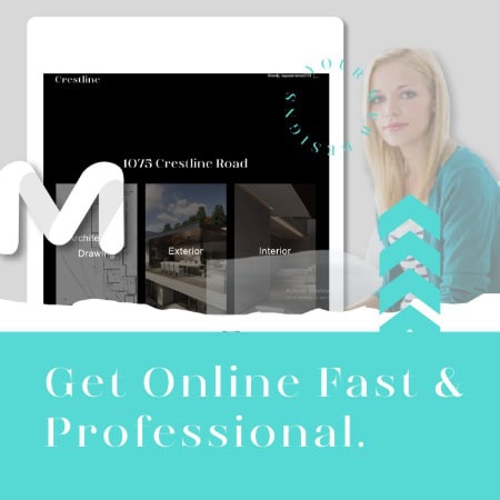 picture of a girl sitting, background is grey, the text in the top says get online fast & professional.