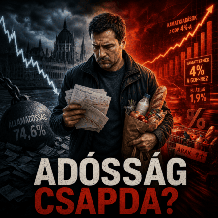 Feszült magyar férfi áll gazdasági válságot jelző grafikonok és inflációs háttér előtt.