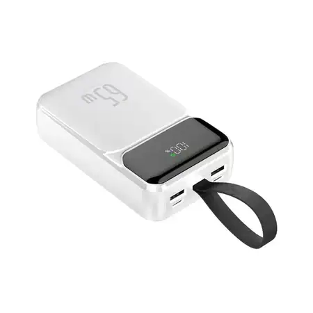 Бяла Преносима батерия с LED дисплей, голям капацитет 20000 mAh и 65W мощност на зареждане. Подходяща за смартфони, таблети и някои лаптопи - 1